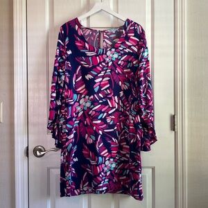 Escapada Womens Multicolor Scoop Neck Knee Length Dress w/ Bell Sleeves Size XL